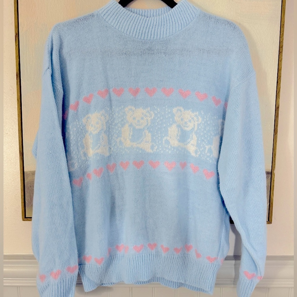 VINTAGE Acrylic Teddy Bear Hearts Sweater Baby Blue Pink Crewneck Size Medium